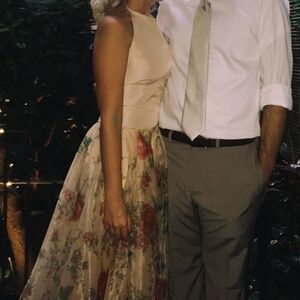 Floral Beige Halter Prom Dress